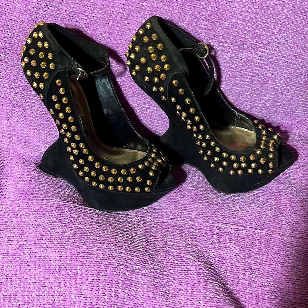 Ankle strap gold spiked grommet, sway heeled high platforms Steve Maddens